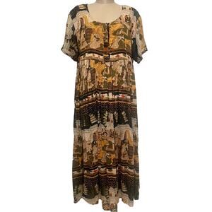 Vintage 80s Boho Cotton Dress Semi Sheer Elephant Print India Size Large